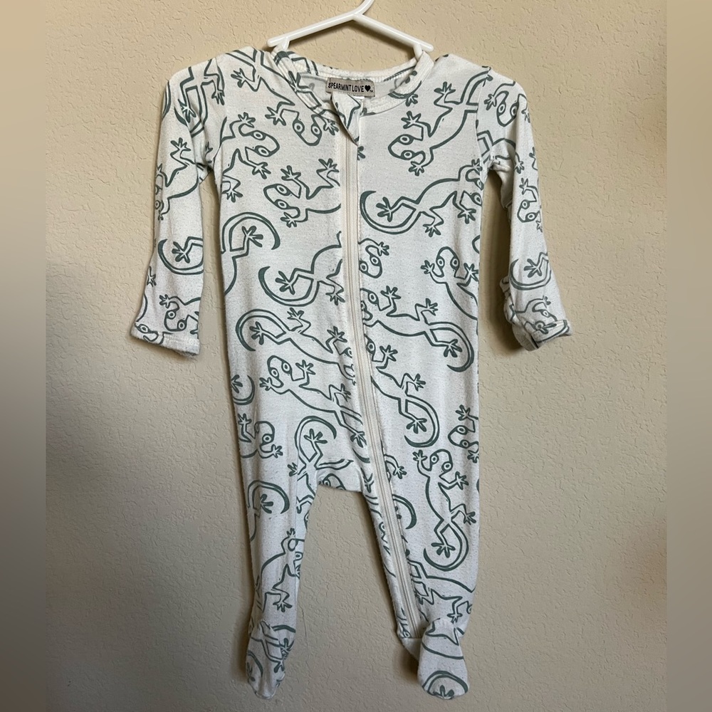 Spearmint Love Zippered Romper in Cream/Sage Green Lizard Print, 6-9M